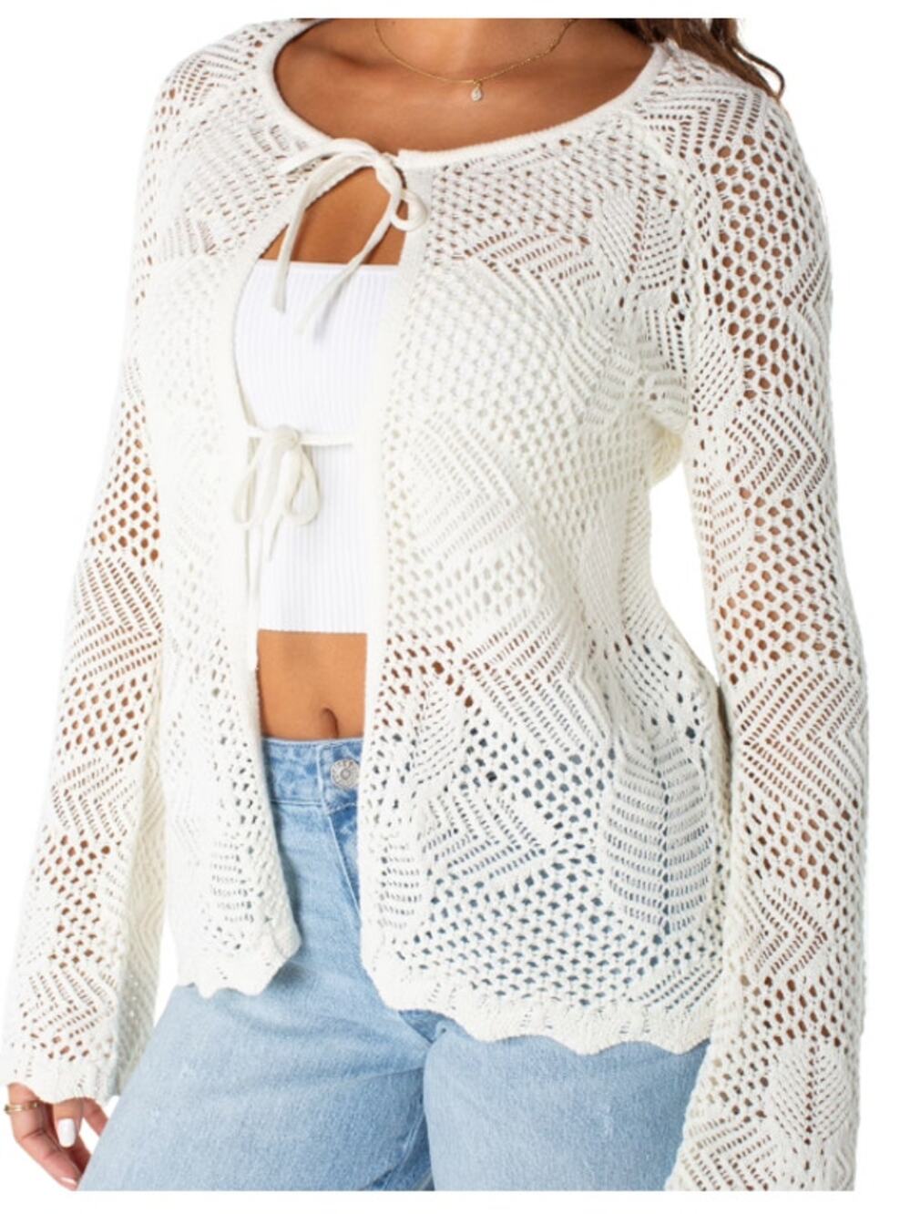 Celebrity Pink Women's Long Tie Front Soft Floral crochet Cardigan XL Scoop neck